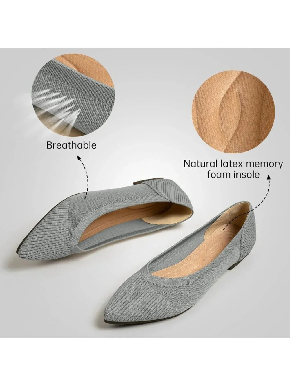 Women's Grey Flats Shoes Pointed Toe Knit Ballet Comfortable Dressy Mesh Flat
